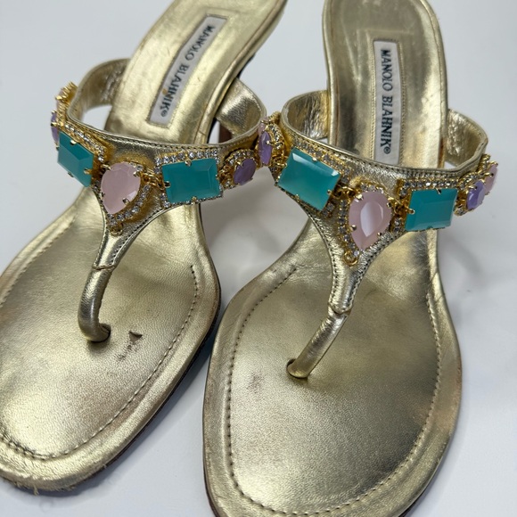 MANOLO BLAHNIK x Neiman Marcus Vintage Holiday 06-07 Gold Metallic Gem Sandals - Picture 9 of 15